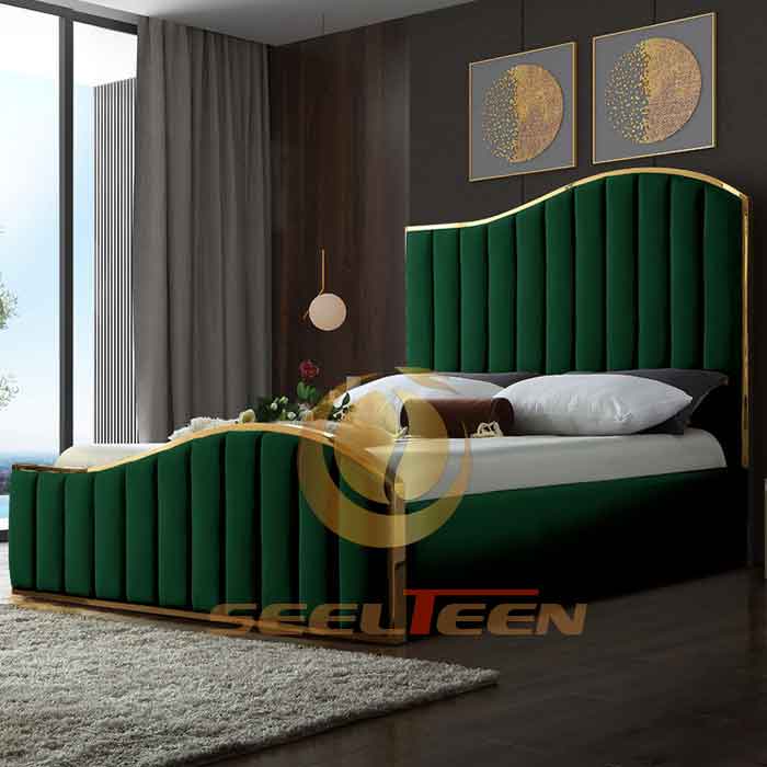 Green upholstered bed curved design for hotel - Seelteen