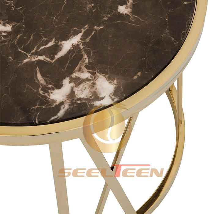 Brown marble coffee table with gold finish frame Seelteen