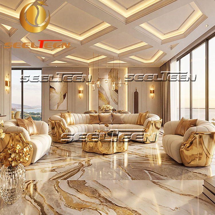 Custom Stainless Steel Sofas with Sculptural Gold Elements
